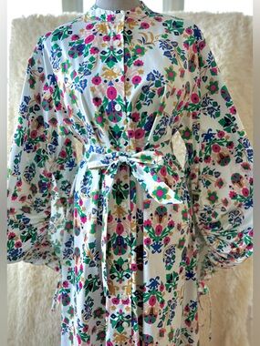 Floral Cotton Poplin Ballon Sleeve Printed Dress w/Tie